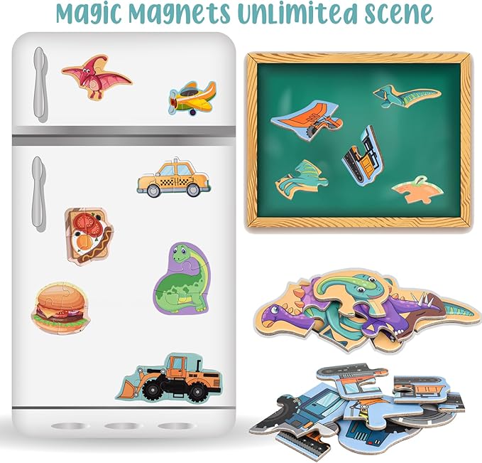 ASTARON 3D Magnetic Puzzle with 60 Puffy Stickers for Toddlers, 41 Pieces Construction Vehicles Toddler Puzzles Preschool Education Learning Travel Toys Car Plane Activities for Kids Quiet Time