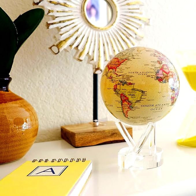 MOVA Globe – Political Map Yellow 6” | Vintage-Style Rotating Globe Powered by Light | No Batteries or Cords | Antique World Map for Home or Office Decor