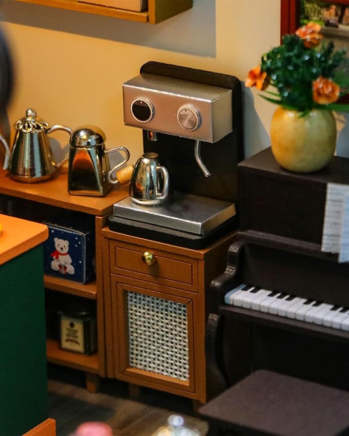 Miniature House Kit for Beginners, DIY Mini Coffee Shop with LED Lights, Miniature Dollhouse Kit for Adults & Teens, Creative Birthday Gift & Hobby for Family Friends (Afternoon Cafe)