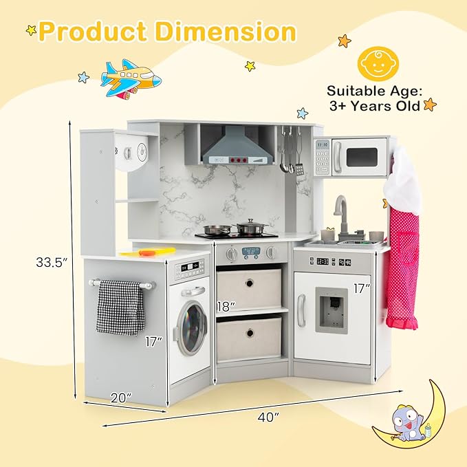 Costzon Corner Play Kitchen, Wooden Toddler Kitchen Playset with Lights and Sounds, Water Circulation System, Washing Machine, Toy Kitchen with Accessories, Kids Kitchen Playset (Grey)