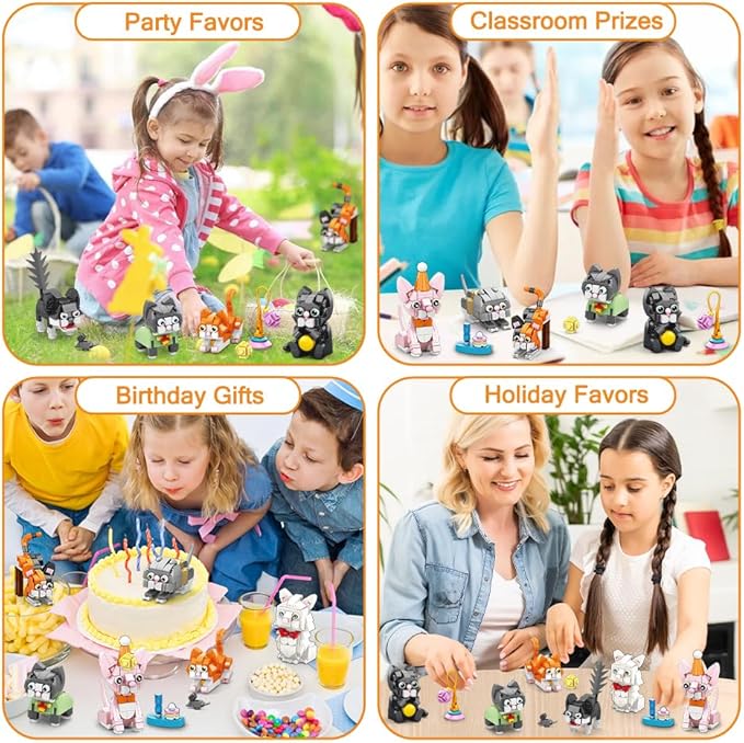 Party Favors for Kids 9 Styles Cat Building Blocks Toys Kitten Animals Build Bricks for Classroom Prizes Goodie Bag Fillers Halloween Christmas Easter Birthday Gift Toy for Boys Girls Ages 6+