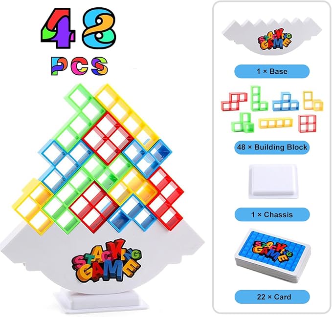 Balance Stacking Attack Block Game, Stack Game for Adult & Kids, Board Games for 2 Players+ Family Games, Perfect for Parties, Travel, Kids & Adults Team Building Blocks Toy, Pack of 48