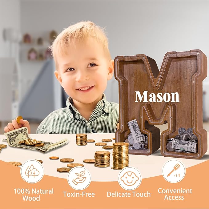 Wooden Letter Piggy Bank for Kids Larger Letter Piggy Bank for Boys and Girls Personalized Piggy Bank Initial Coin Bank Wood Kids Money Bank for Birthday and Festival