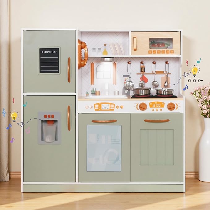 Wooden Play Kitchen Toy Set with Light, Kids Children Pretend Toy Kitchen Playset, Sink Play Toy Oven with Microwave,Toddler Cooking Set Toy for Ages 3+ Baby Girls Boys (Green)