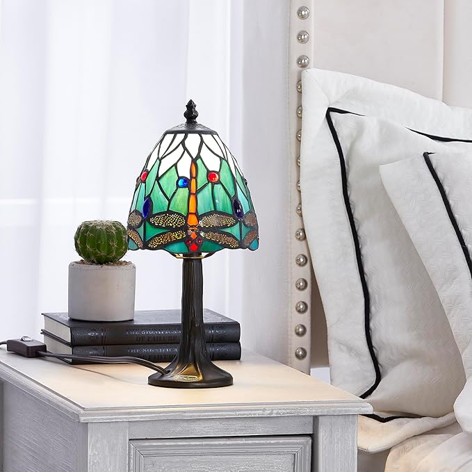 Stained Glass Dragonfly Design Table or Desk Light, Tiffany Style mini Table Lamp-, LED Bulb Included-Vintage Look Colorful Accent Decor