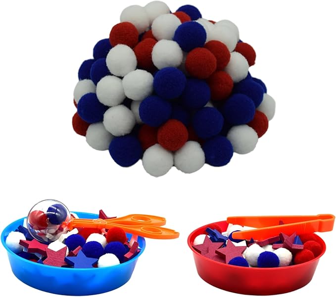 142pcs Fine Motor Skills Counting Sorting Sensory Bin Filler -100pcs Pompoms 30 Pcs Wooden Stars 5 Cups 4 Tweezers 2 Scissors 1pcs Storage Bag for Early Education Train (Blue White)