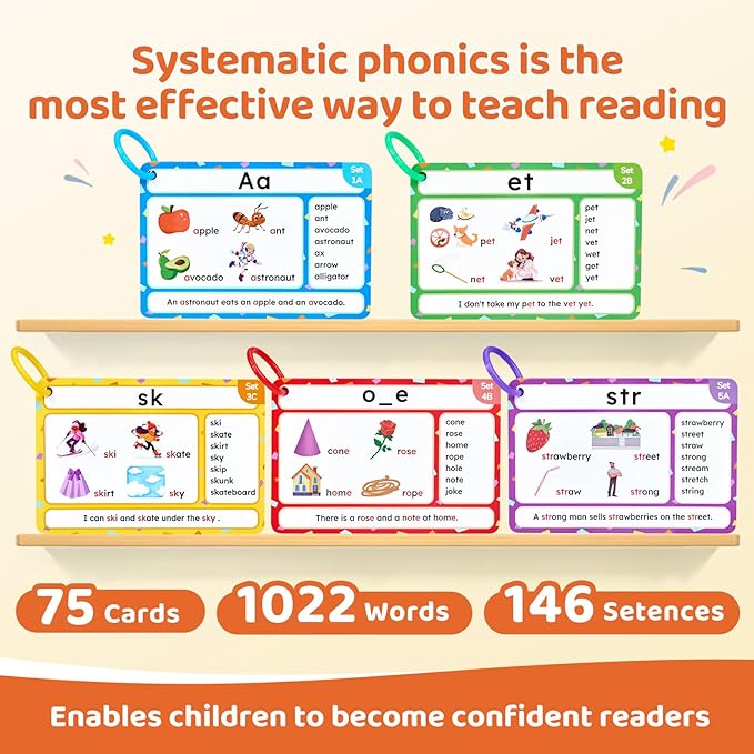 JoyCat 75 Pack Phonics Flash Cards-Learn to Read Alphabet and CVC Words in 25 Stages-Games for Kids Ages 3-8 Preschool Kindergarten 1st 2nd Grade Homeschool Educational Learning Activities