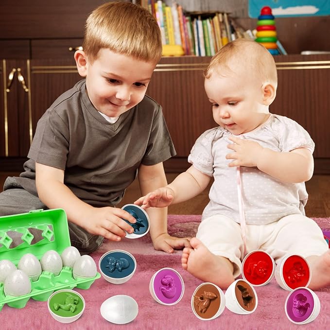 Skrtuan Easter Egg Toy for Toddlers - 12 Pcs Dinosaur Matching Eggs, Educational Gift for 1-3 Year Old Kids, Color & Shape Recognition Fine Motor Skill Montessori Puzzle