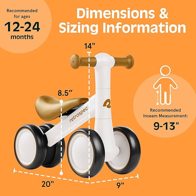 Retrospec Cricket 2 Baby Walker Balance Bike with 4 Wheels - Safe Learning Toy for Ages 12-24 Months - Scratch-Resistant Indoor Outdoor Toddler Riding Toy with Steering Limit & Soft Grips