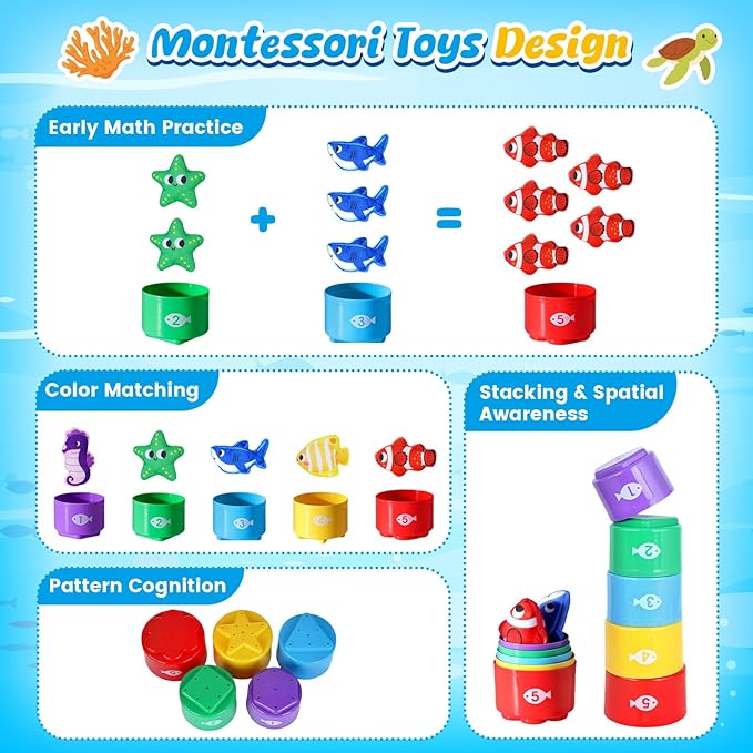 LovesTown Montessori Toys for Toddlers, Preschool Learning Toys Cloth Fishing Games with Stacking Cups Color Sorting Games for Kids Gifts for Boys Girls