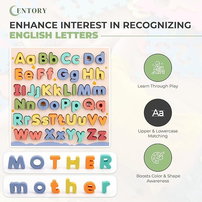 Wooden Alphabet Puzzle for Toddlers - Upper and Lower Case Letters - Safe and Educational Learning Toy