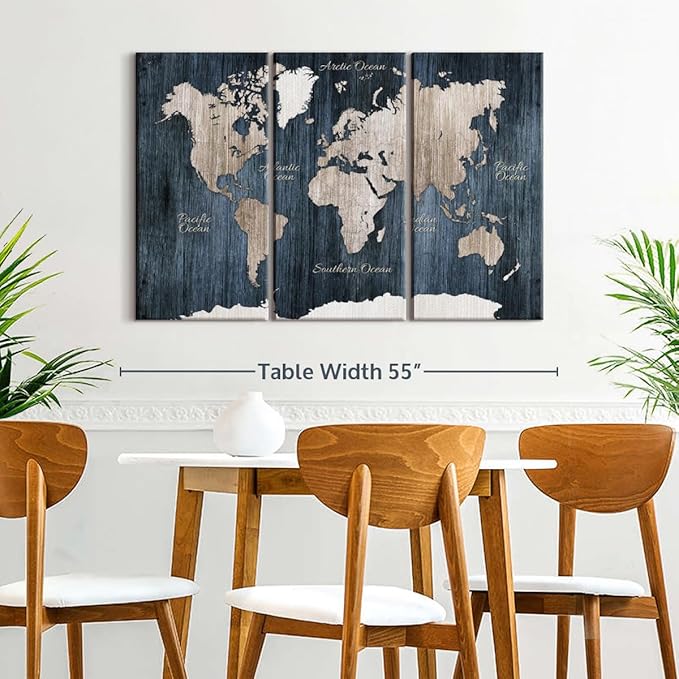 ElephantStock Aged Blue World Map I Canvas - 3 Panel Wall Decor - World Map Digital Art - Blue Wall Art - 50" X 32"