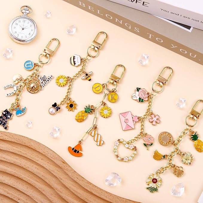 Wurosi 24 Set Lip Gloss Keychain Making Kit, Gold Keychain Clips Hooks with Extender Chain, Cellophane Bags, Thank You Cards, 5M Hemp Rope, for DIY Key Chain Making Crafts
