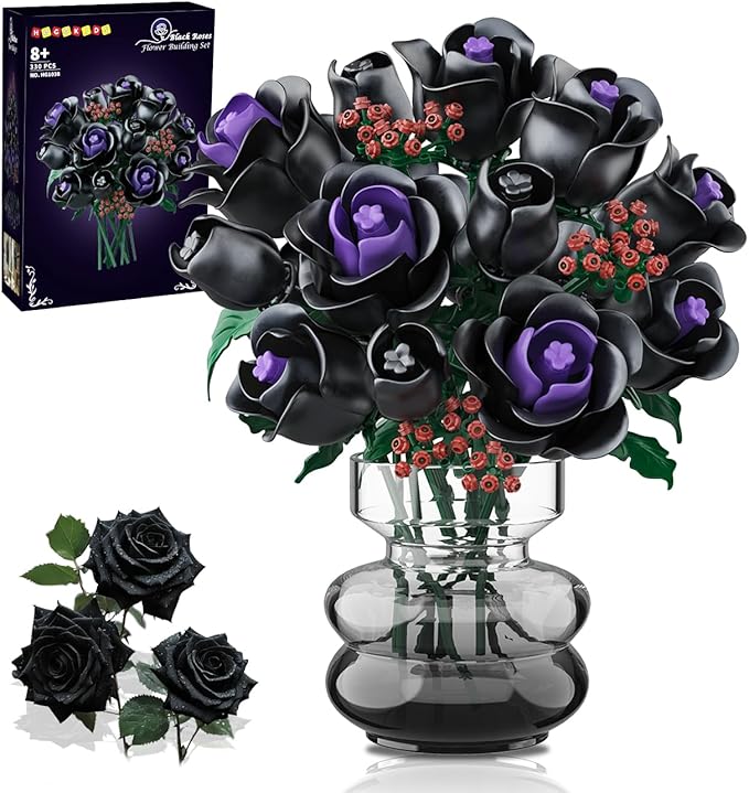 HOGOKIDS Flowers Bouquet Building Set - 15 Halloween Black Roses Botanical Collection Building Blocks Artificial Flower 330PCS Gothic Home Decor Christmas Birthday Gift for Adults Kids Girls Age 8+