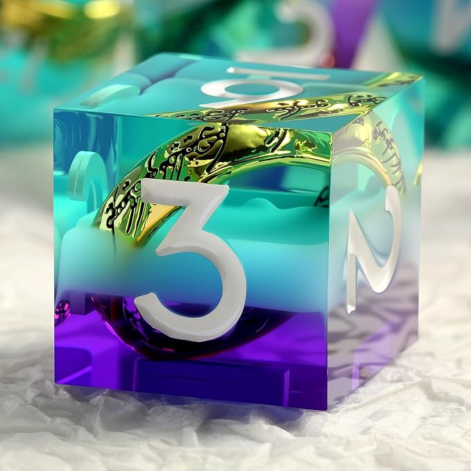 DNDND Mixed Purple & Aqua Blue Dice Set with Golden Rings Inside - 7-Piece Sharp Edge RPG DND Dice in Metal Case, Collector's Gift