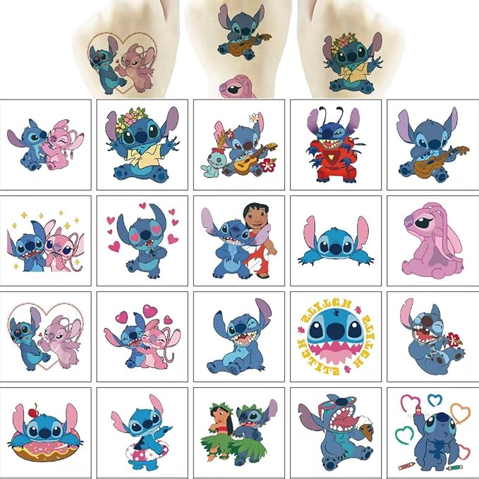20 Sheets Stitch Temporary Tattoos Birthday Themed Party Supplies Decoration Favors Cartoon Cute Sticker for Kids Boys Home Activity Class Prizes Carnival Christmas Rewards