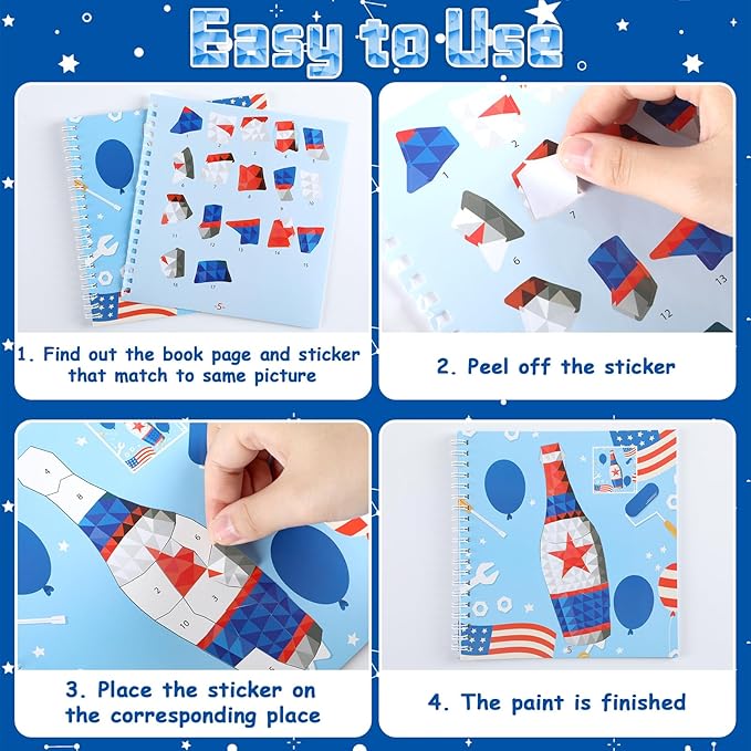 6PCS 4th of July Patriotic Crafts Paint by Sticker Books for Kids Ages 4-8 Sticker by Number Book Activity Puzzle Book for Kids Age 3-5 Toddler Art Gift for Memorial Day American Flag Star 48 Pictures