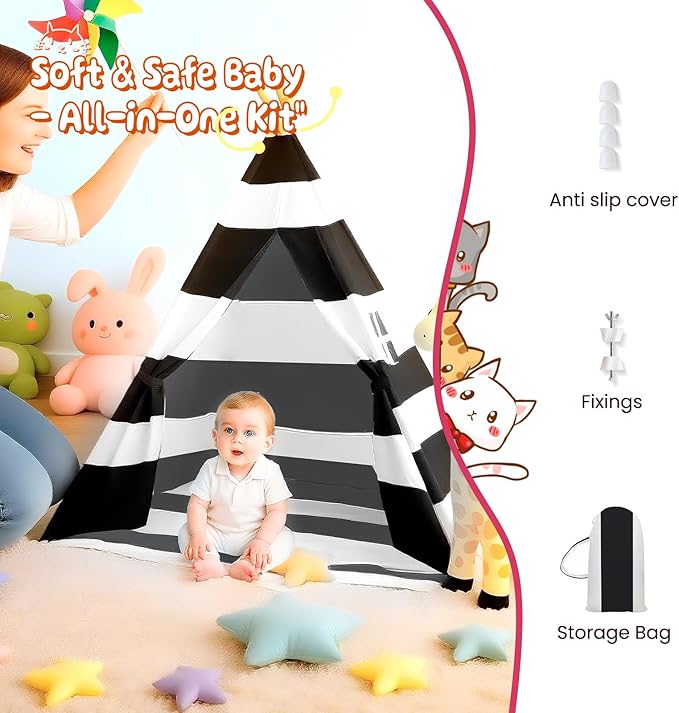 Teepee Tent for Kids with Carry Bag, Washable Playhouse for Indoor Use, Ideal Play Tent for Girls and Boys, Stripe Black
