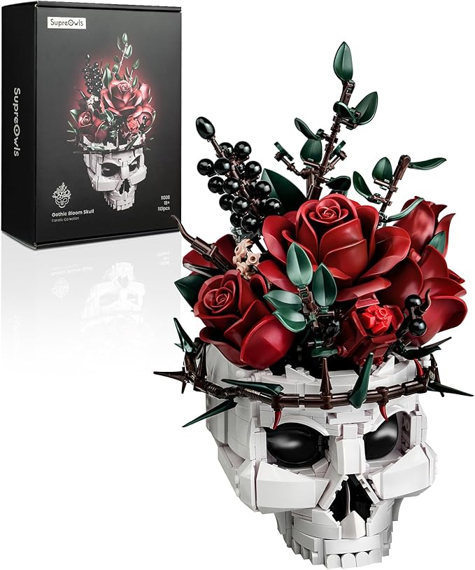 iATOM Halloween Skull Rose Bouquet Building Set, Flowers Botanical Collection Kit for Adults - Gothic Horror Skeleton Plant Pot Home Table Centerpiece Decor - Halloween, IA11008
