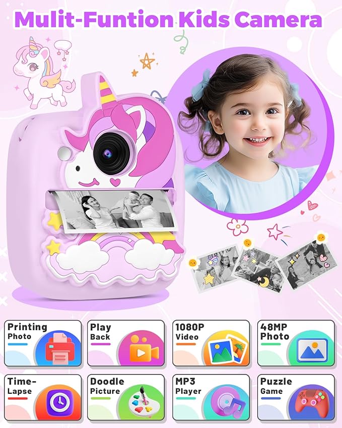 Kids Camera Instant Print, Christmas Birthday Gifts for Gils Age 3-8, 48MP &1080P Children Camera with Silicone Cover, Portable Toy Instant Camera for Kids 3 4 5 6 7 8 9 10 Year Old Girls