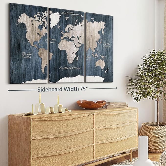ElephantStock Aged Blue World Map I Canvas - 3 Panel Wall Decor - World Map Digital Art - Blue Wall Art - 74" X 48"