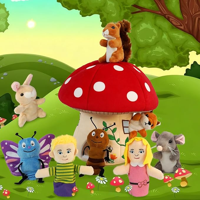 9 Pcs Finger Puppets Set Mini Toys, Soft Plush Insect Animal Finger Puppet for Kids Mini Stuffed Animals with Mushroom House,Finger Puppets for Toddlers Storytelling Role-Playing Christmas School