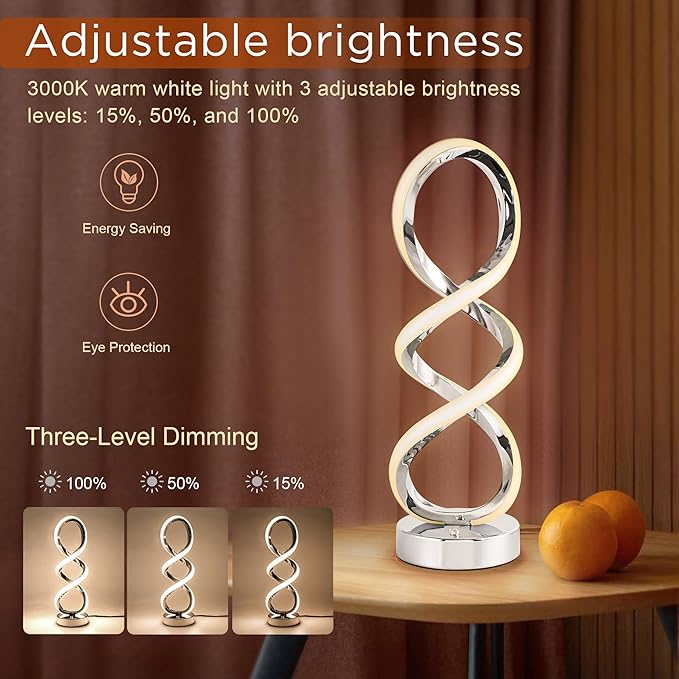 Modern Spiral RGB Table Lamp, Touch Dimmable Bedside Lamp, 7 Colors 10 Light Modes Spiral Design Table Lamp, Unique Nightstand Lamp for Living Room, Bedroom, Cool Lamps, Sliver, 2 Pack