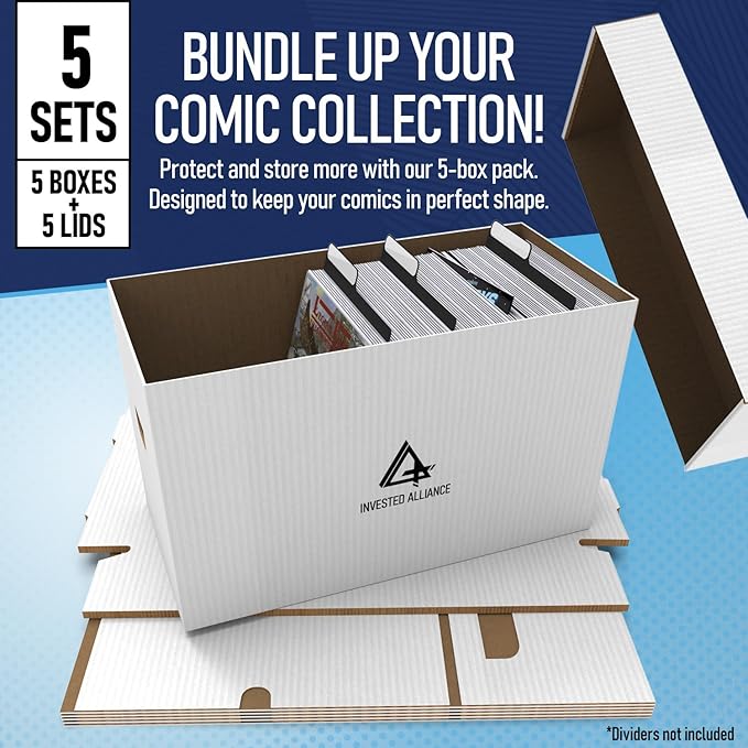 Premium Short Comic Book Storage Box (5 Pack - White). Thick Cardboard Comic Book Box/Cabinet. Comics Books Bin for 150-175 Collectibles. Comics Boxes Storage Case/Cabinet to Showcase Collectibles.