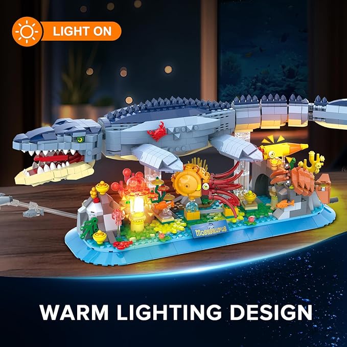 Mosasaurus Building Set with LED Light, 1219 PCS Movable Ocean Animal Building Block Toy with Nautiluses Jellyfish Squid Coral Reef, Ancient Reptile Home Decor Gift for Adults Teens Boys 12+