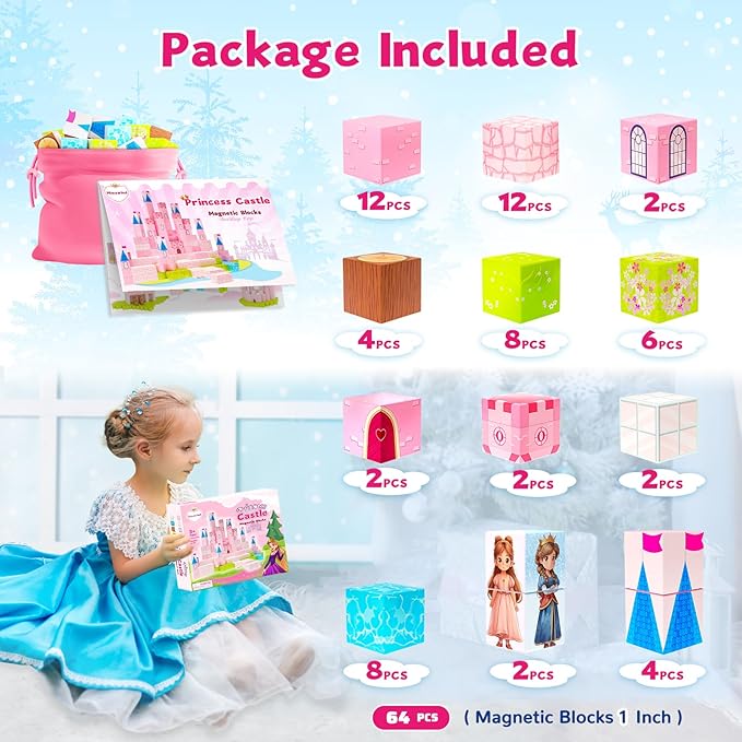 64 Pcs Magnetic Blocks-Princess Castle Collection World,Magnetic Building Blocks for 3+ Year Old Boys & Girls, Creative STEM Sensory Toys,Christmas Birthday Gifts for Kids Ages 3-8