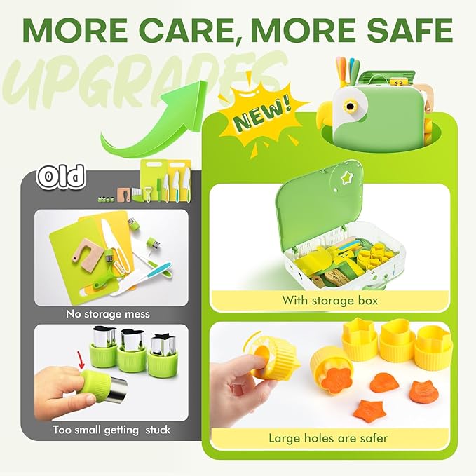 Toddler Cooking Set with Storage Box-Kids Kitchen Set,Safe PP Material Montessori Kitchen Tools for Real Cooking,Dishwasher Safe,Fun Bird-Shaped Organizer Toddler Knife Set