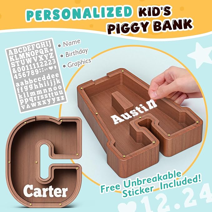 Summidate Wooden Letter Piggy Bank, Extra Thick Large Capacity Piggy Bank for Kids Boys Girls Toddler, Alphabet C Money Bank| Coin Box Birthday, Christmas, Festival