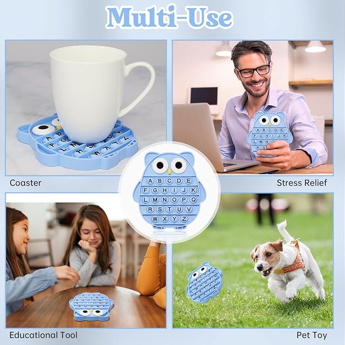 Fidget Toys for Kids, Owl Shaped Silicone Squeeze Sensory Toys, Alphabet Bubble Stress Anxiety Relief Relax Tools for Kids Adults School Classroom Gift Party Favors (Blue)