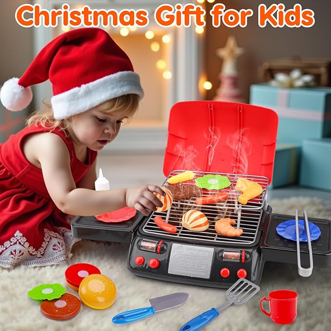 Kids Grill Playset Kitchen Toys with Apron Hat for Cooking Food Smoke Light Outdoor Pretend Play Accessories 3-5 4-8 BBQ Outside Camping Barbecue Toddler Boy Toy 3 4 5 6 Year Old Birthday Gift