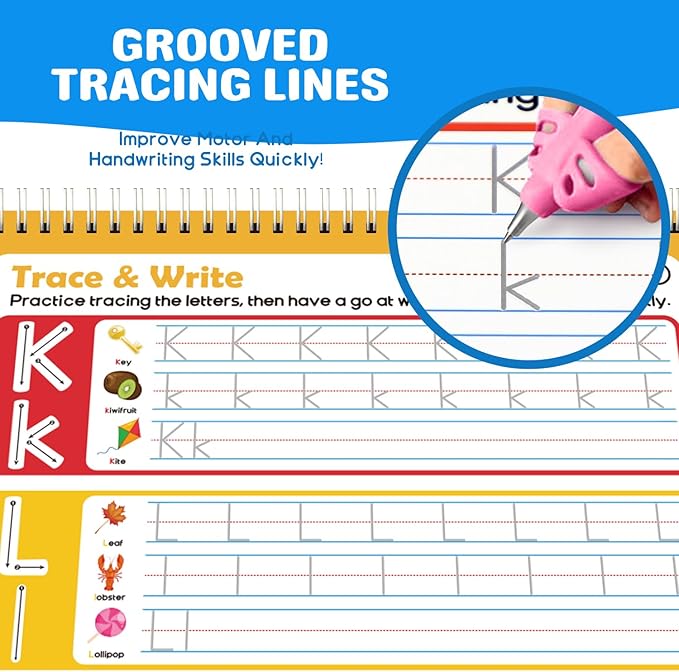 Magic Grooved Writing Practice for Kids, Reusable Grooved Handwriting Practice Workbook Ages 3-8, Large 11.2"x7.5" Preschool Learning Activities Tracing Books, Kindergarten Educational Toys for 5-7