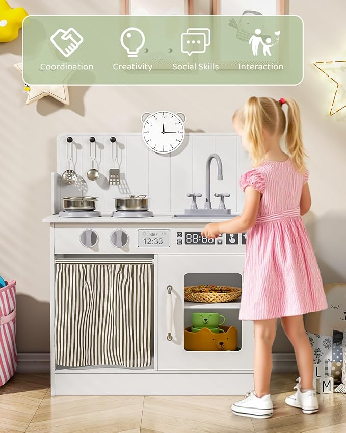 MAMIZO Kids Kitchen Playset with Ample Storage, Interactive Play Kitchen with Simulated Gas Cooker, Clicking Knobs, Sink, Faucet, 6 Pcs Cookware, Educational Clock for Toddlers (White)