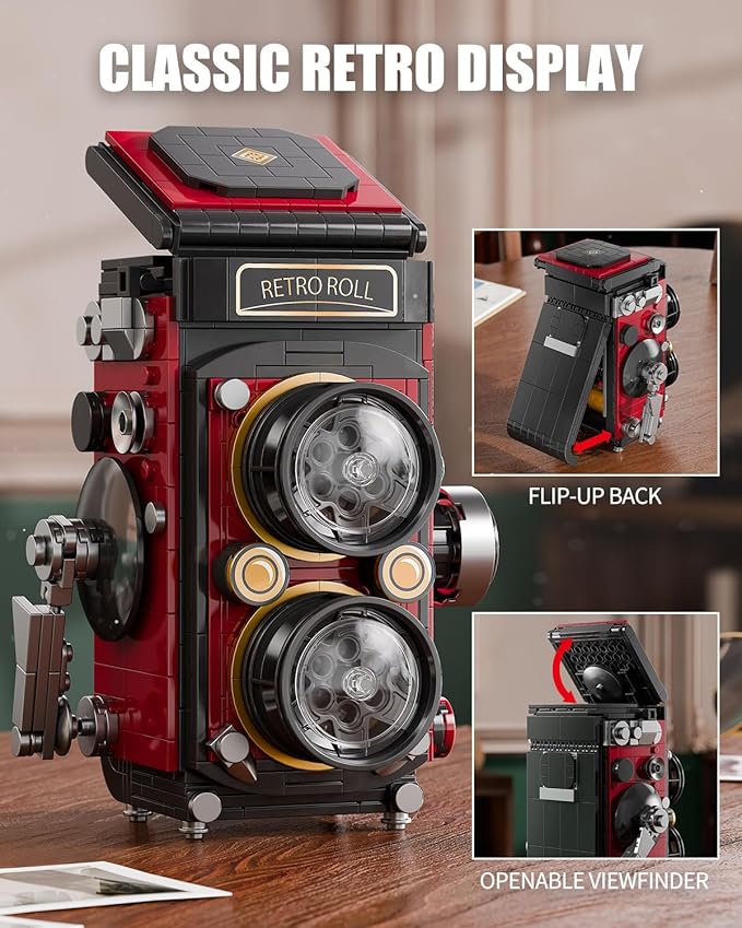 Retro Camera Building Blocks Sets with Lights, DIY Camera Building Toys with Twin-Lens Reflex Design, Unique Collectible Model for Home Decor, Birthday Gift for Adults Boys Age 8-12(719Pcs)