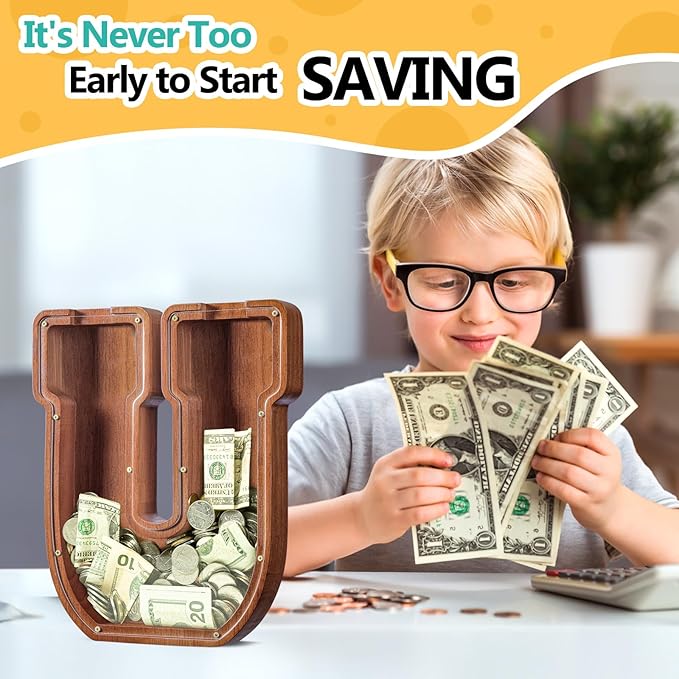 Summidate Customized Name Extra Large Wooden Piggy Bank for Kids Boys Girls Alphabets Letter A-Z Coins Bills Money Change Saving Box Clear Cover (Laser Engraved) Educational Toys 12"- Letter U