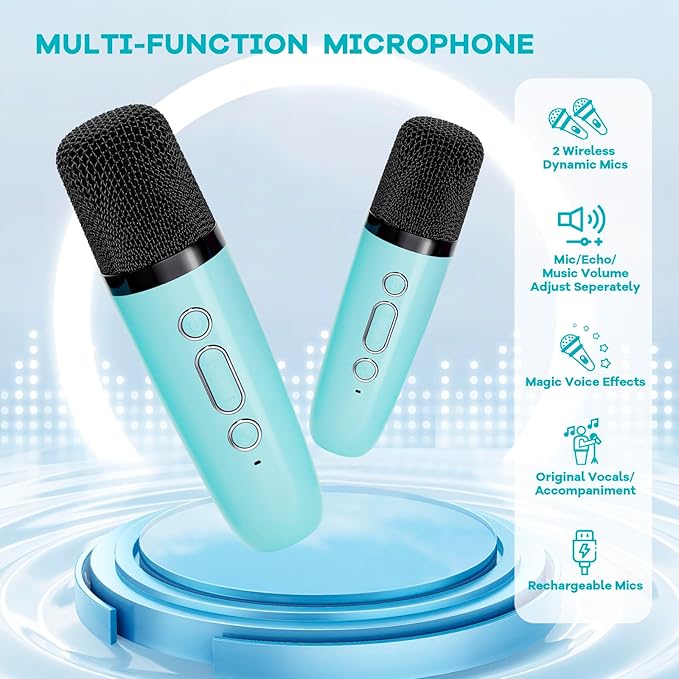Mini Karaoke Machine for Kids, Portable Bluetooth Speaker with 2 Wireless Microphones, Most Popular Birthday Toys Gifts for Boys Girls 3 4 5 6 7 8 9 10 11 12 + Year Old Party Family School(Blue)