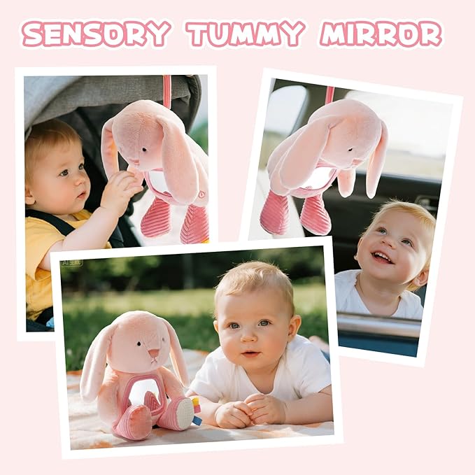 Koty Musical Tummy Time Toy,Baby Mirror Toy 3 Years Old, Infant Sensory Toy with Crinkle Sounds, Textures, Mirror & Melody Music Box for Tummy Time and Self-Discovery (Pink Rabbit)