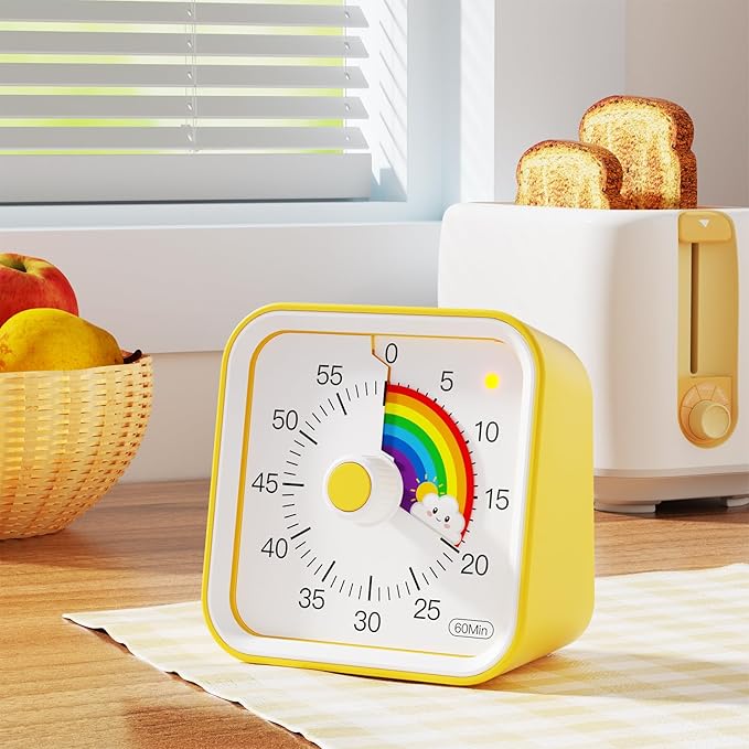 Visual Timer for Kids with Pause Function, Cute Silent Timer with Rainbow for Classroom, Teaching, Task, Kitchen, 60 Minute Countdown Time Management for ADHD (Rainbow Yellow)