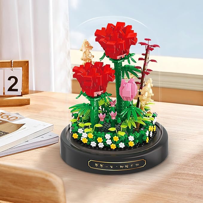 QLT QIAOLETONG Flower Bouquet Building Set, 593 PCS Red Rose Mini Building Blocks Kit for Adults, Flowers Botanical Collection for Home Decor, Mother's Day for Her Mom Women Wife Girlfriend