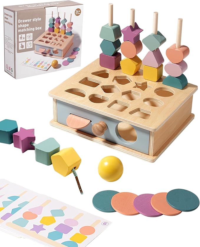 Montessori Toys for 3 4 5 Year Old - 5 in 1 Learning Education Toy for Toddler Kid Boys Girls - Shape Matching Stacking Color Sorting Beads Lacing Sensory Fidget Gifts