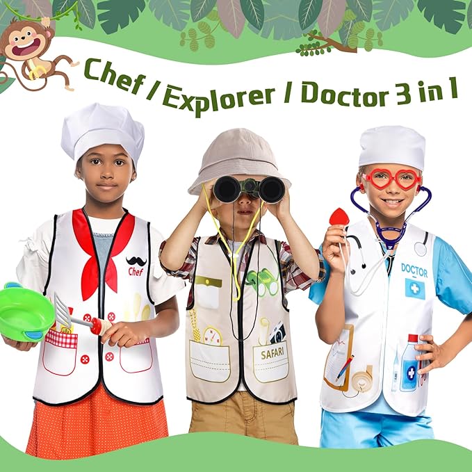 3 Sets Kids Dress up and Role Play Clothes, Boys Girls Dress up Clothes Costumes, Doctor, Chef, Explorer Vest for Kids Children Pretend Role Accessories
