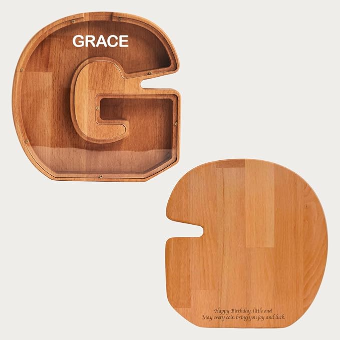 Personalized Wooden Piggy Bank – Custom Letter G Coin Bank in Beech Wood with Clear Acrylic Front, Engraved Name Option, Money Saving Box for Kids and Adults
