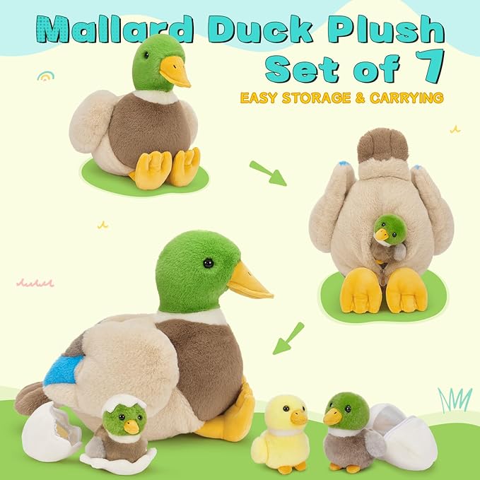 MaoGoLan 6Pcs Plush Duck Toys Duck Stuffed Animals Bulk Large Stuffed Mallard Mom with 4 Ducklings & Eggs Inside - Farm Animals Party Favors Baby Shower Decorations Christmas Birthday Gifts