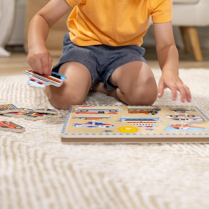 Melissa & Doug Vehicles Sound Puzzle – 8-Piece Wooden Peg Puzzle with Light-Activated Sounds, Music Learning Toy for Toddlers and Preschoolers Ages 2+