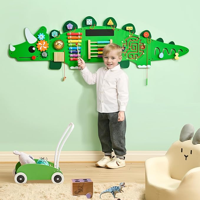 VEVOR Dinosaur Activity Busy Board Wall, 11 Activities Board, Montessori Sensory Wall Panel for Kids 3-12 Years, Sensory Activity Panel, Ideal for Toddler Playroom Nursery Classroom