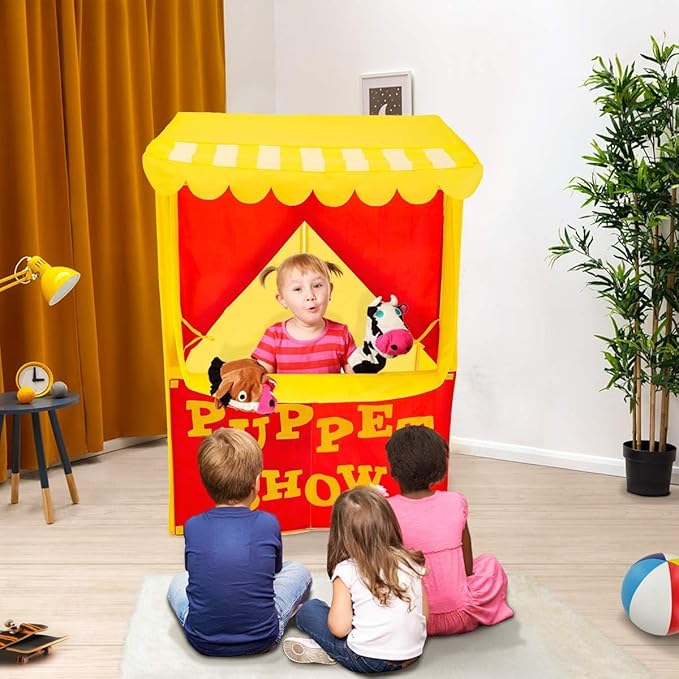 Alvantor Lemonade Stand Puppet Show Theater Pretend Playhouse Play Tent Kids on Stage Doorway Table Top Sets for Toddlers Curtain Fordable Rods Children Dramatic Furniture, 28"X20"X41"H, Yellow,8032