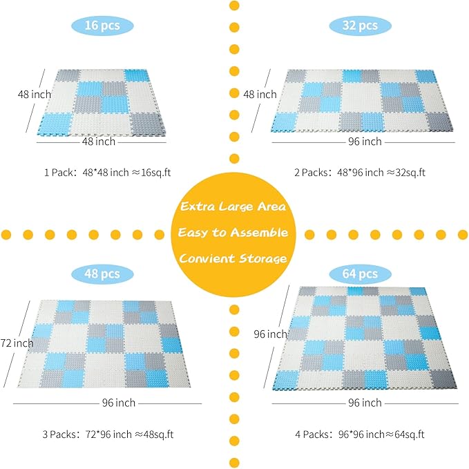 Foam Floor Mats for Kids, 12 x 12 Inch 16 Tiles 0.4" thickness Foam Play Mat, Non-Toxic Square Interlocking Floor Mats Rubber Baby Play Mat for Toddlers(White/Gray/Light Blue)